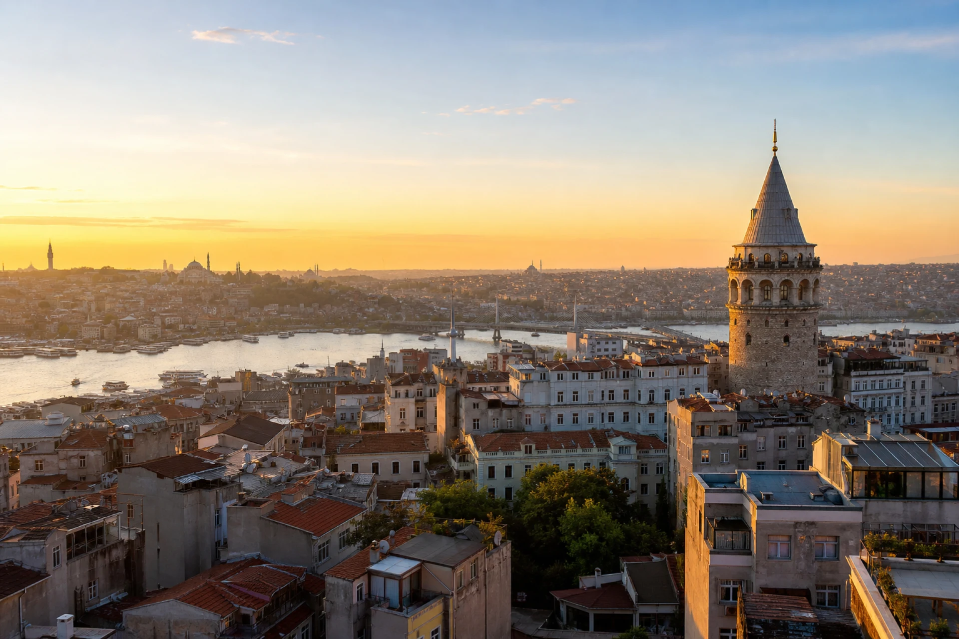 Skyline de Istambul com a torre de Gálata ao pôr do sol.