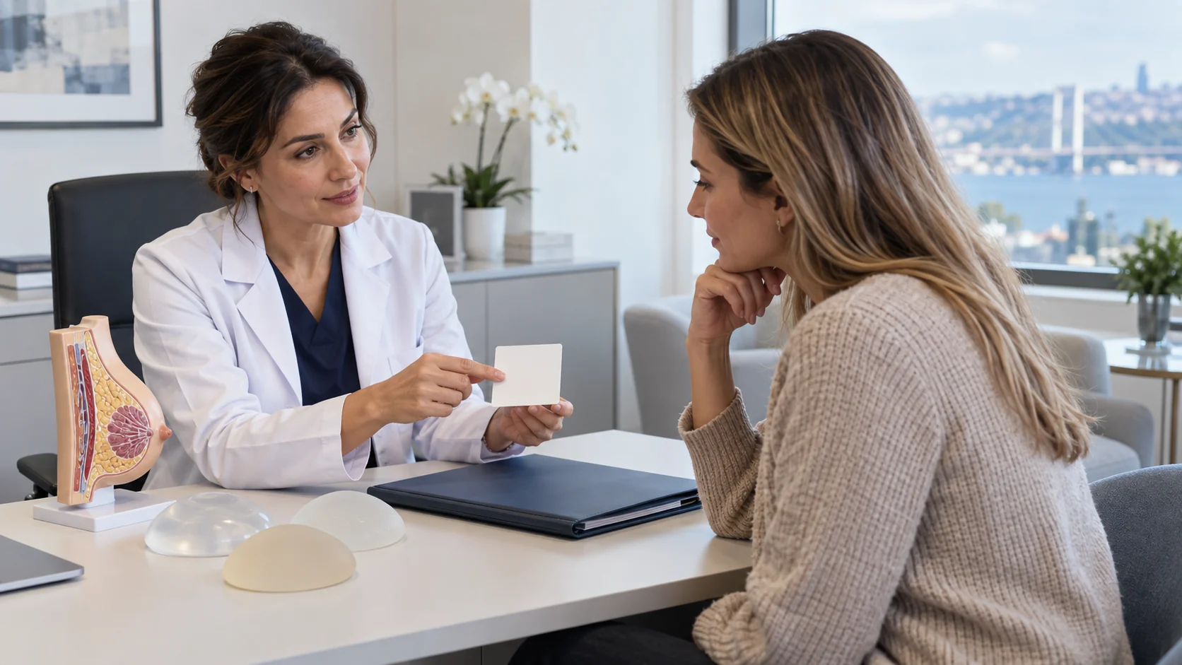 Clinician reviewing breast implant records with an adult patient in a private consultation - Just Clinic Istanbul