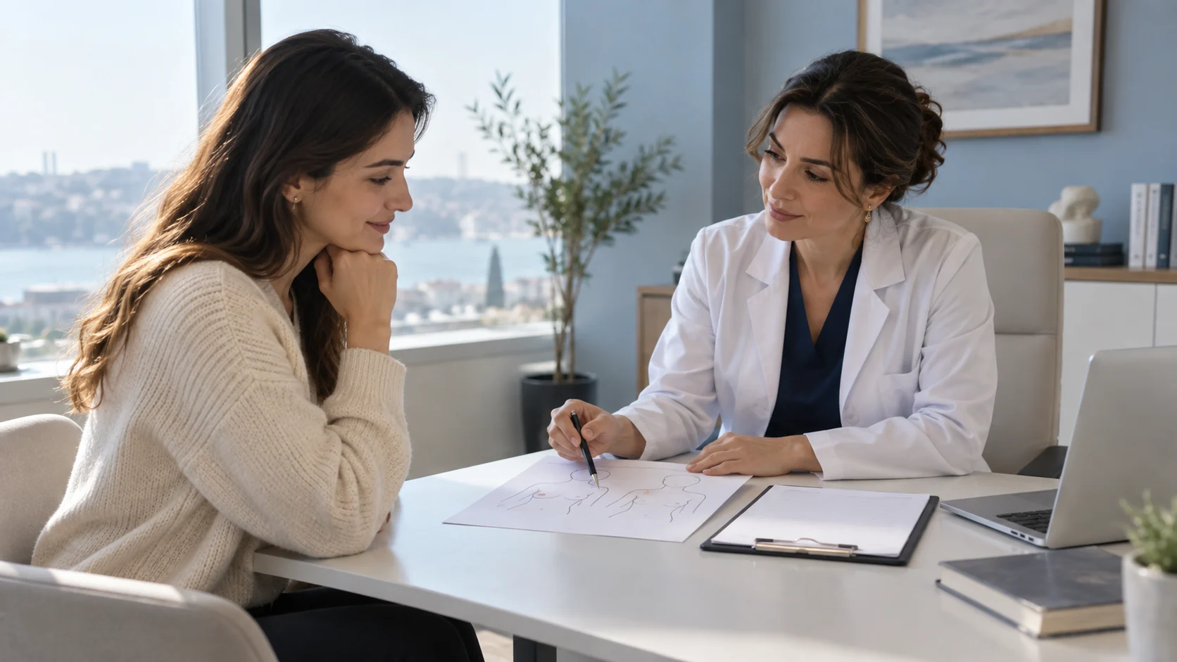 Femme adulte habillée pendant une consultation privée de réduction mammaire - Just Clinic Istanbul