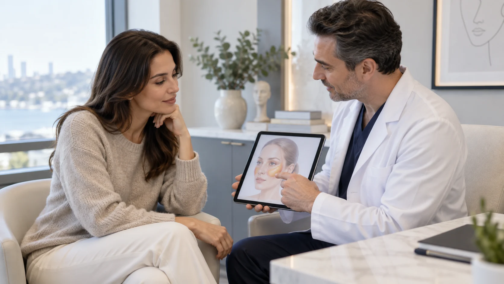 Adult patient discussing facial-volume restoration with a clinician - Just Clinic Istanbul