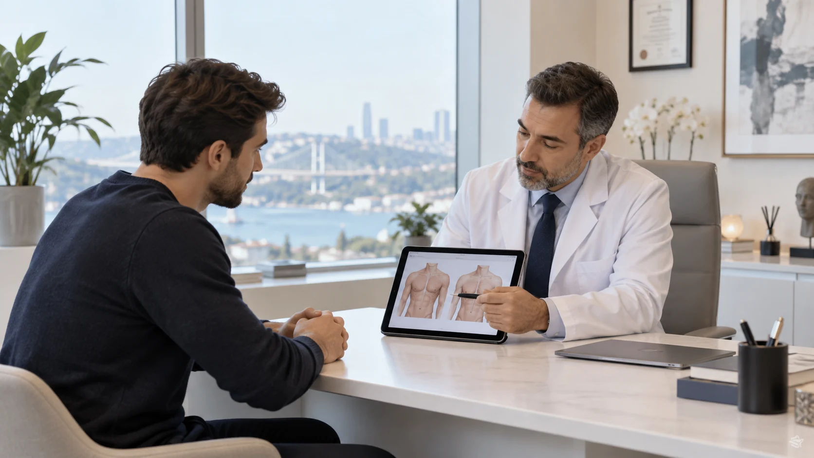 Adult man in a private clinical consultation about chest-contouring options - Just Clinic Istanbul