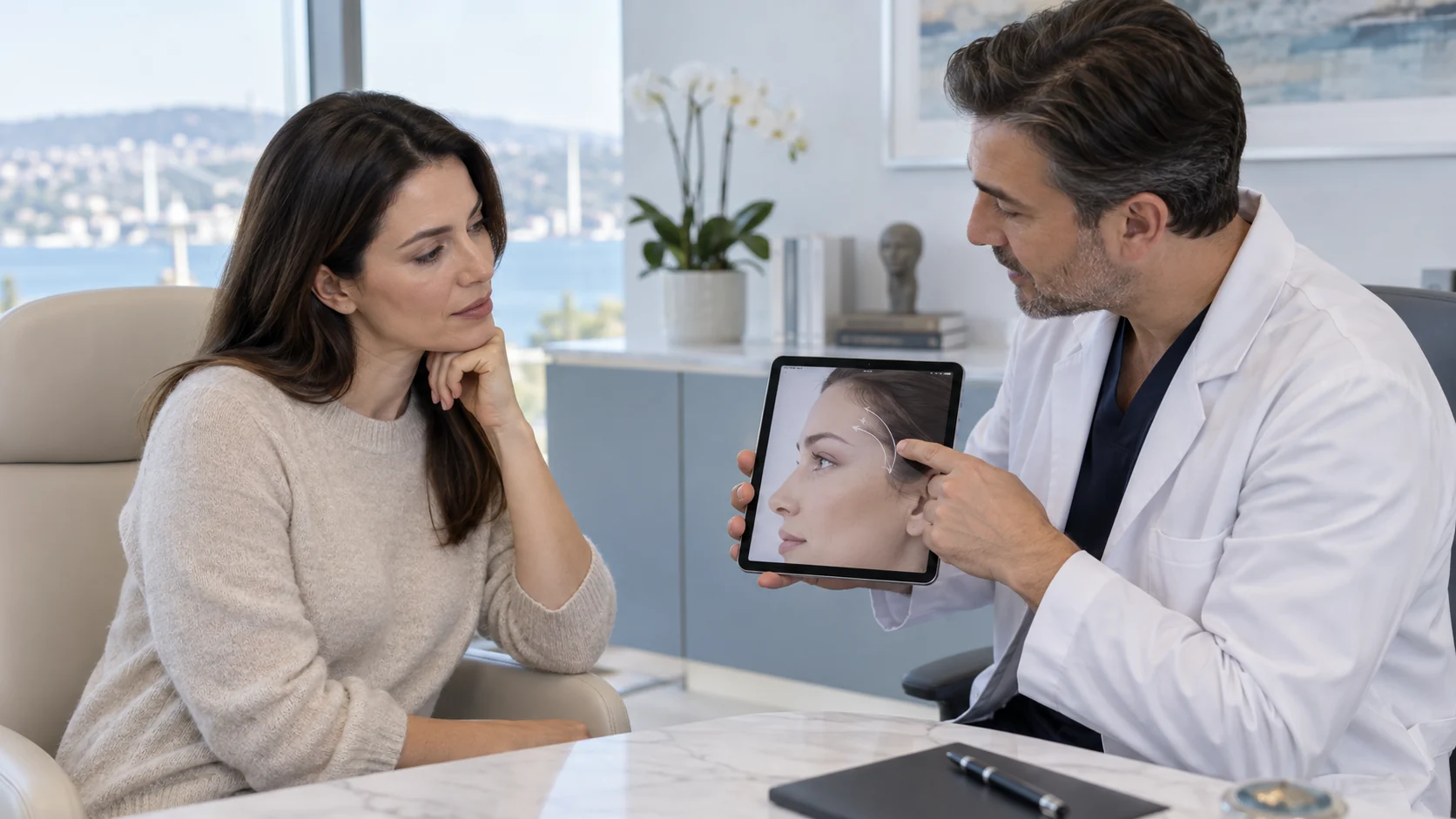 Adult patient discussing lateral brow and temple concerns with a clinician - Just Clinic Istanbul
