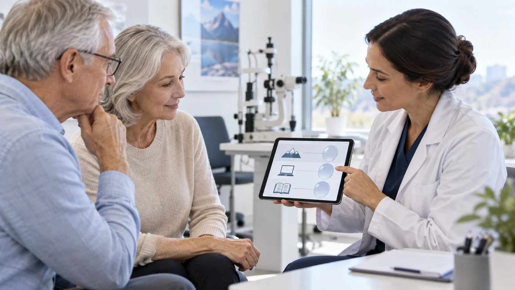 شخص أكبر سناً يناقش خيارات عدسة المياه البيضاء ثلاثية البؤر مع اختصاصي عيون - Just Clinic Istanbul