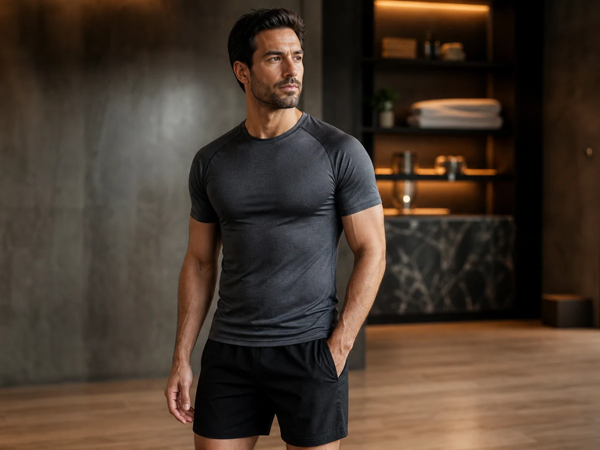 Adult man in an opaque performance top showing his chest and midsection silhouette for a 360 lipo and gynecomastia package in Istanbul