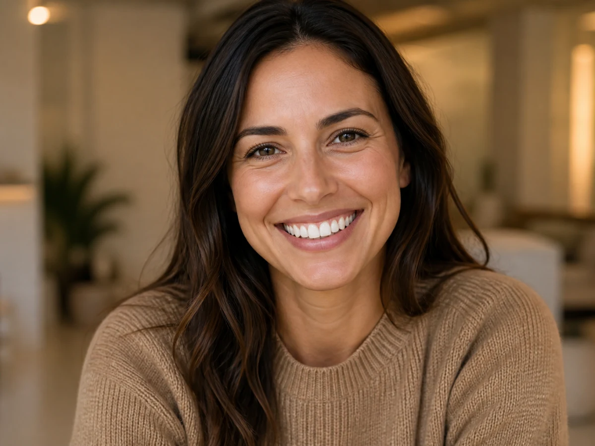 Adult woman with a natural open smile and clearly visible teeth for an All-on 6 full mouth implants package in Istanbul