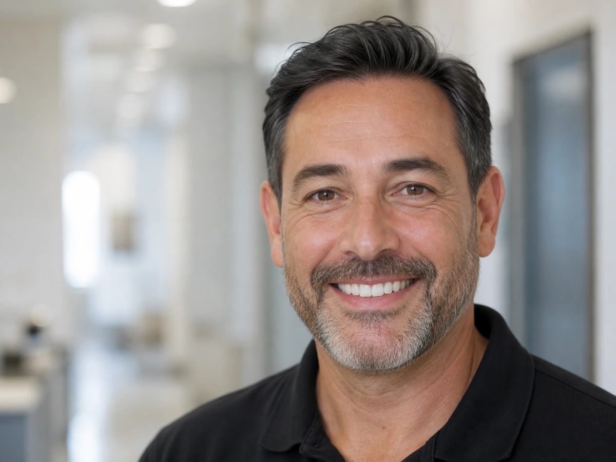 Portrait of a man with a natural smile and visible teeth, photographed for an All-on 6 single jaw implants package in Istanbul