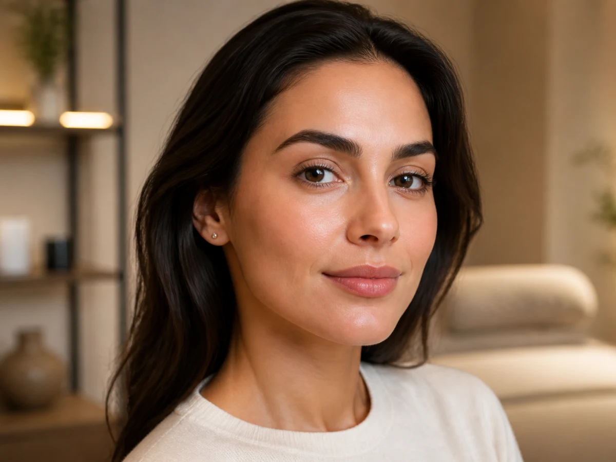 Adult woman in a cream top showing naturally defined eyebrows, brow bone and hairline for an eyebrow transplant package in Istanbul
