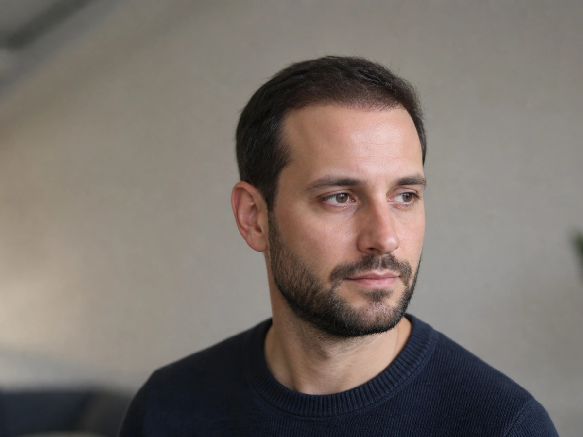 Portrait of a man with a visible hairline and short hair, face and shoulders in frame, photographed for a hair transplant and gynecomastia package in Istanbul