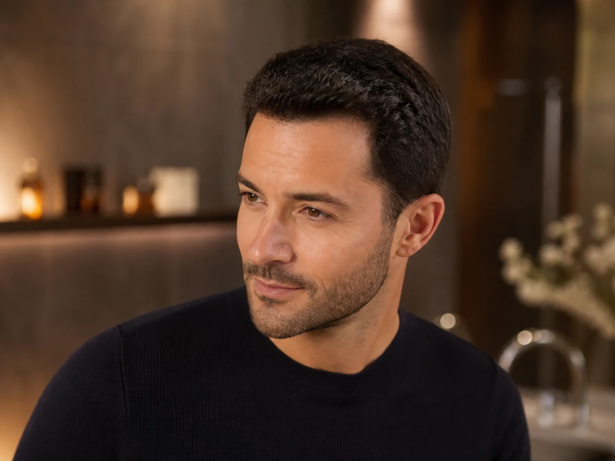 Adult man with a clear hairline and short scalp hair filling the upper frame, nose visible, for a hair transplant and rhinoplasty package in Istanbul