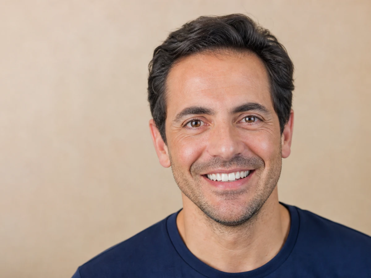 Portrait of an adult with a natural smile and visible teeth, photographed for a Hollywood smile with 16 veneers package in Istanbul