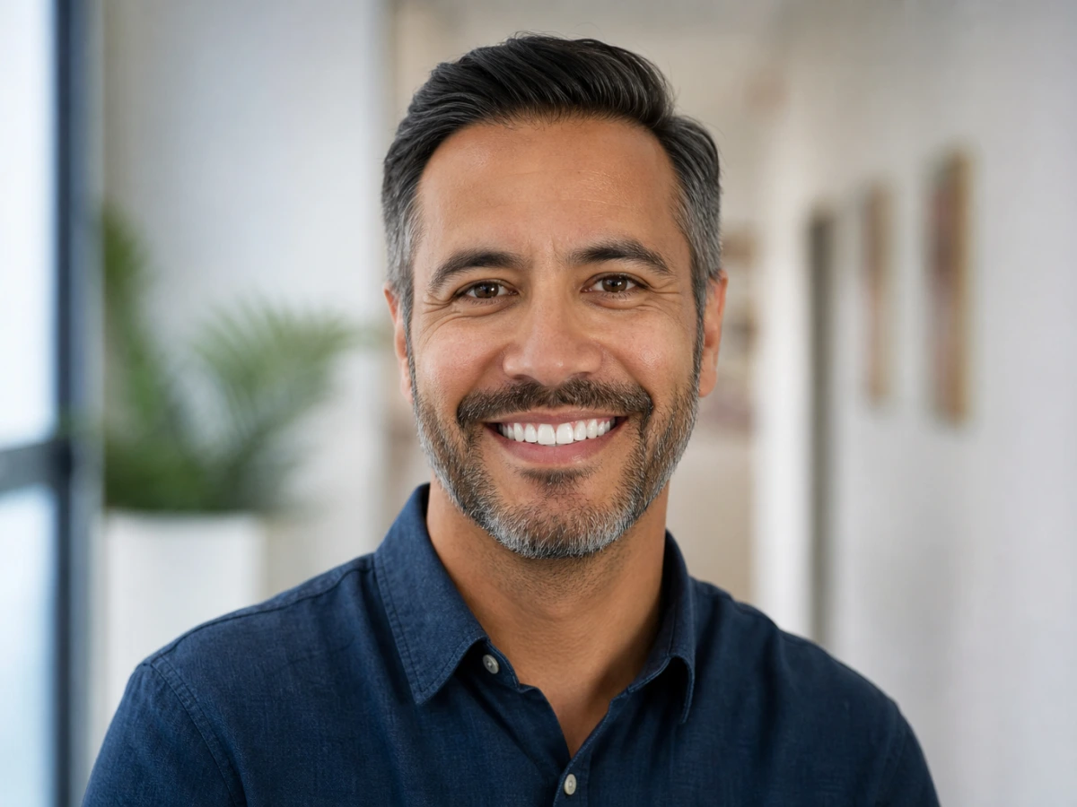Portrait of a man with a natural smile and visible teeth, photographed for a Hollywood smile with implants package in Istanbul