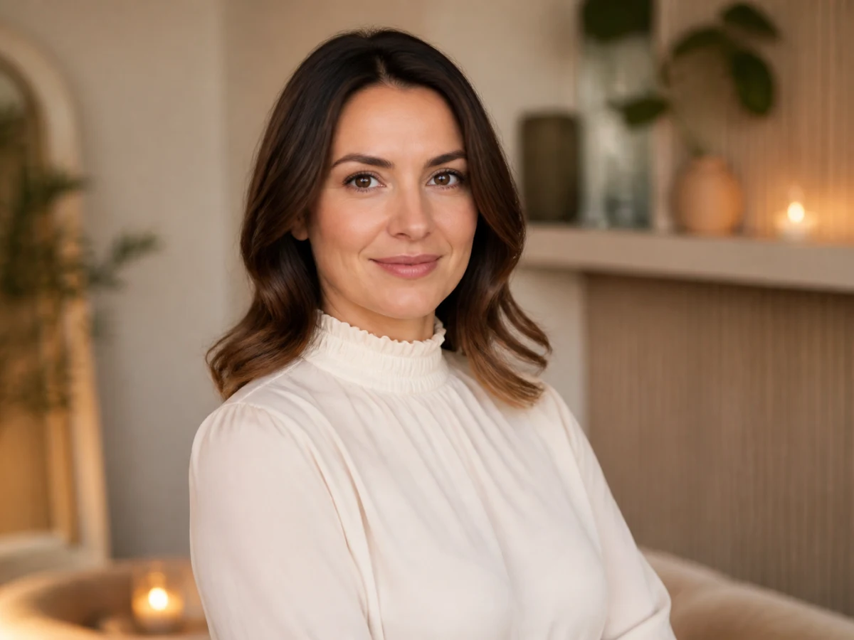 Adult woman in a high-neck blouse, face and shoulders visible, for a labiaplasty package in Istanbul