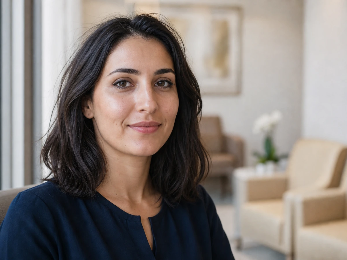 Portrait of a woman in her thirties, face and eyes clearly visible without sunglasses, photographed for a SMILE laser eye surgery package in Istanbul
