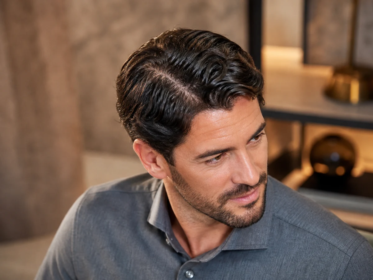 Adult man in a grey shirt showing his scalp, parting and natural hair for a PRP hair treatment session in Istanbul