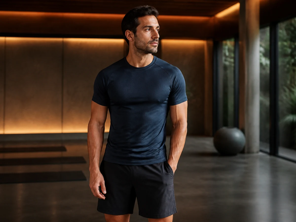 Adult man in opaque sportswear showing his chest and midsection athletic silhouette for a sixpack lipo and penis enlargement package in Istanbul