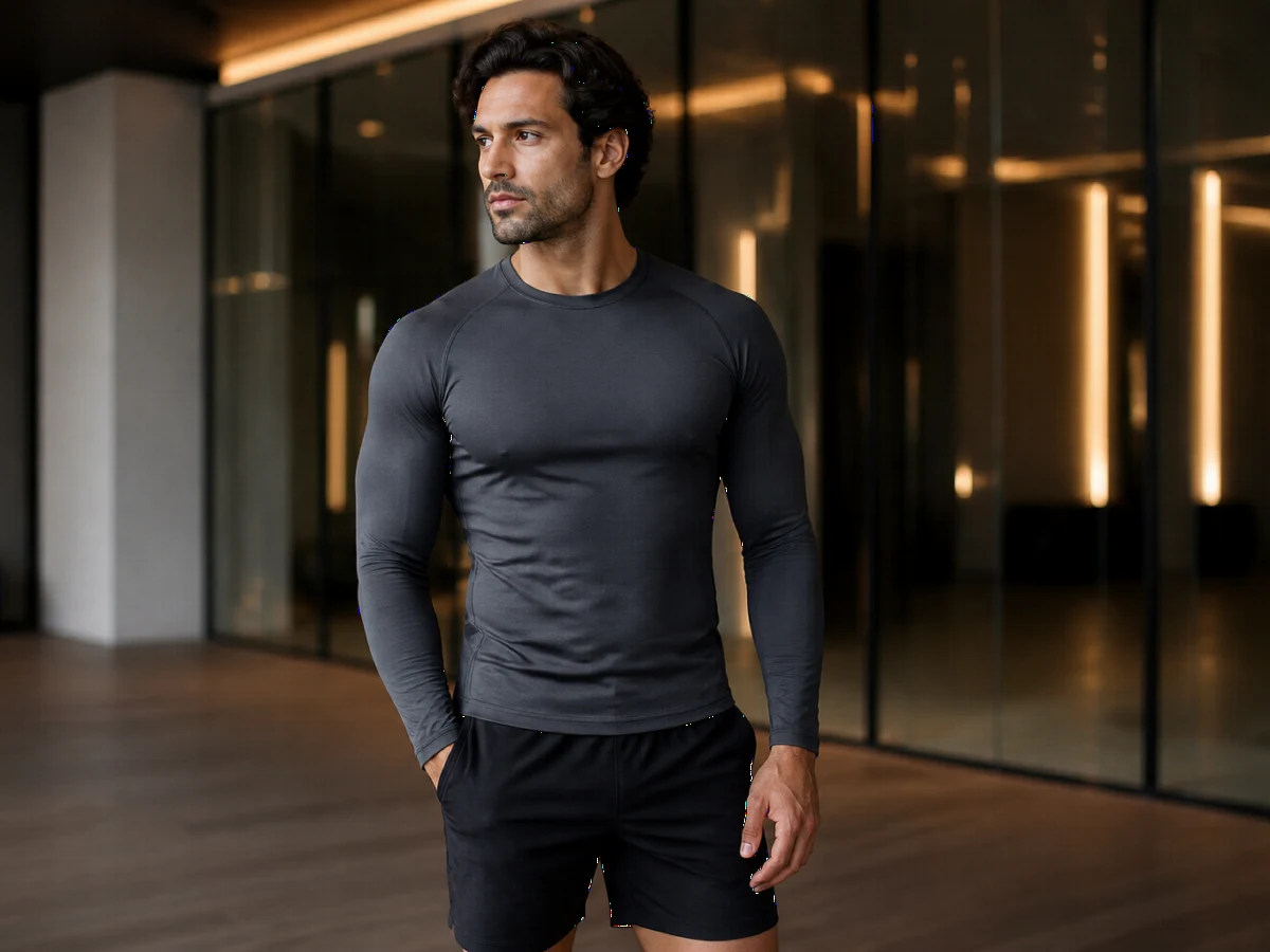 Adult man in an opaque fitted performance top and athletic shorts, midsection athletic contour centred, for a sixpack liposuction package in Istanbul