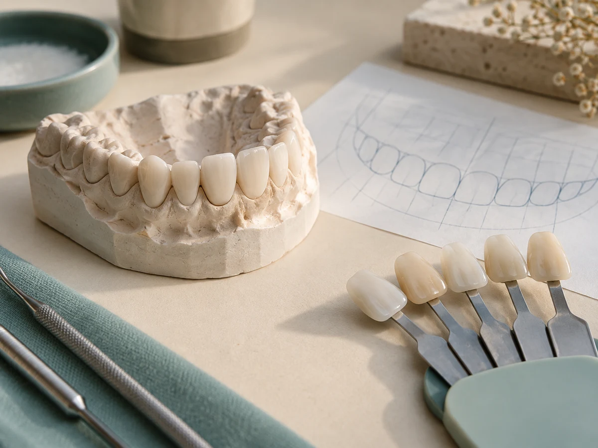 Just Clinic Istanbul — modello dentale e campioni di tonalità per pianificare corone Hollywood Smile
