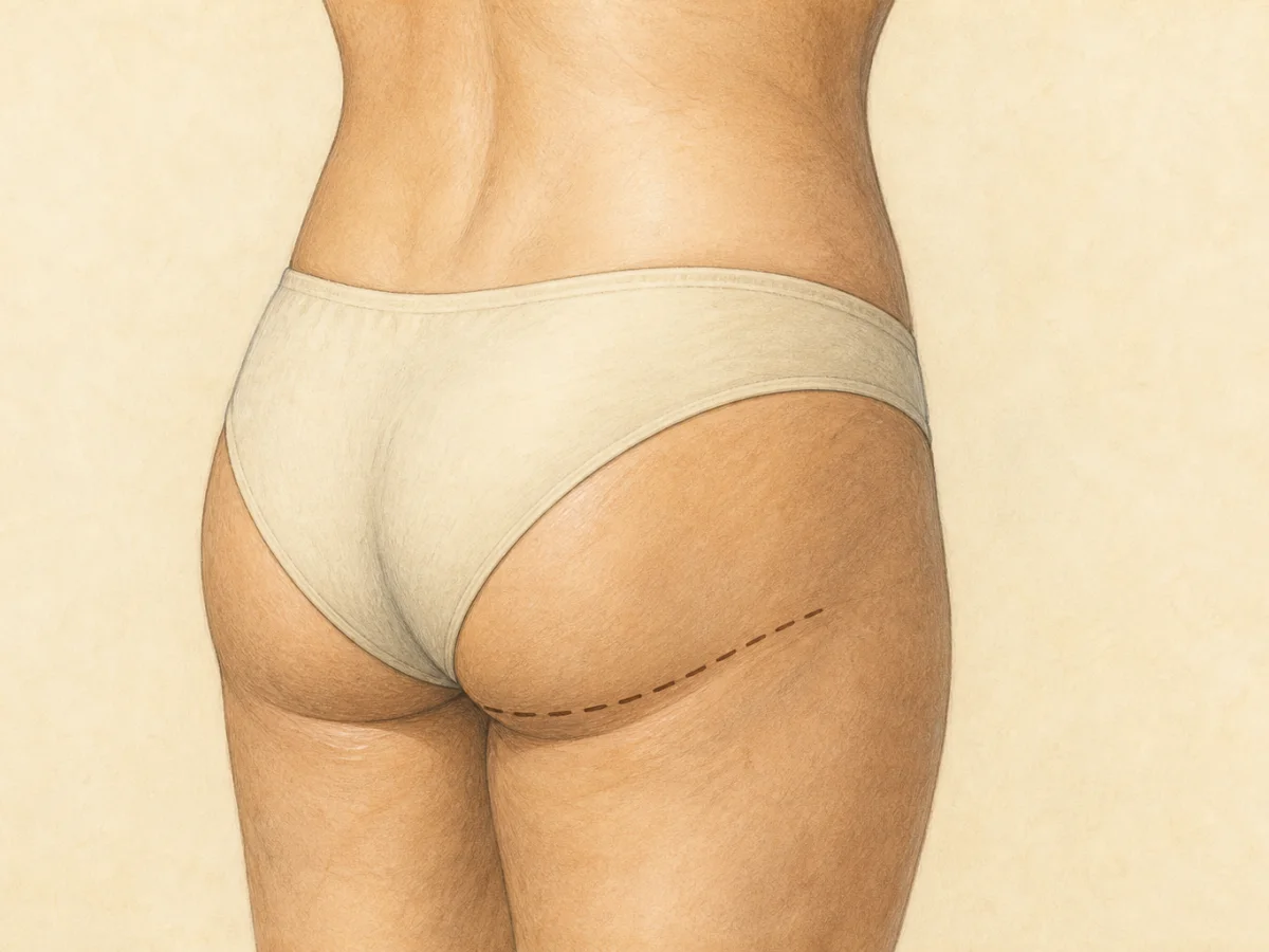 Ilustración educativa de implantes glúteos: contorno más plano y el volumen previsto — Just Clinic Istanbul