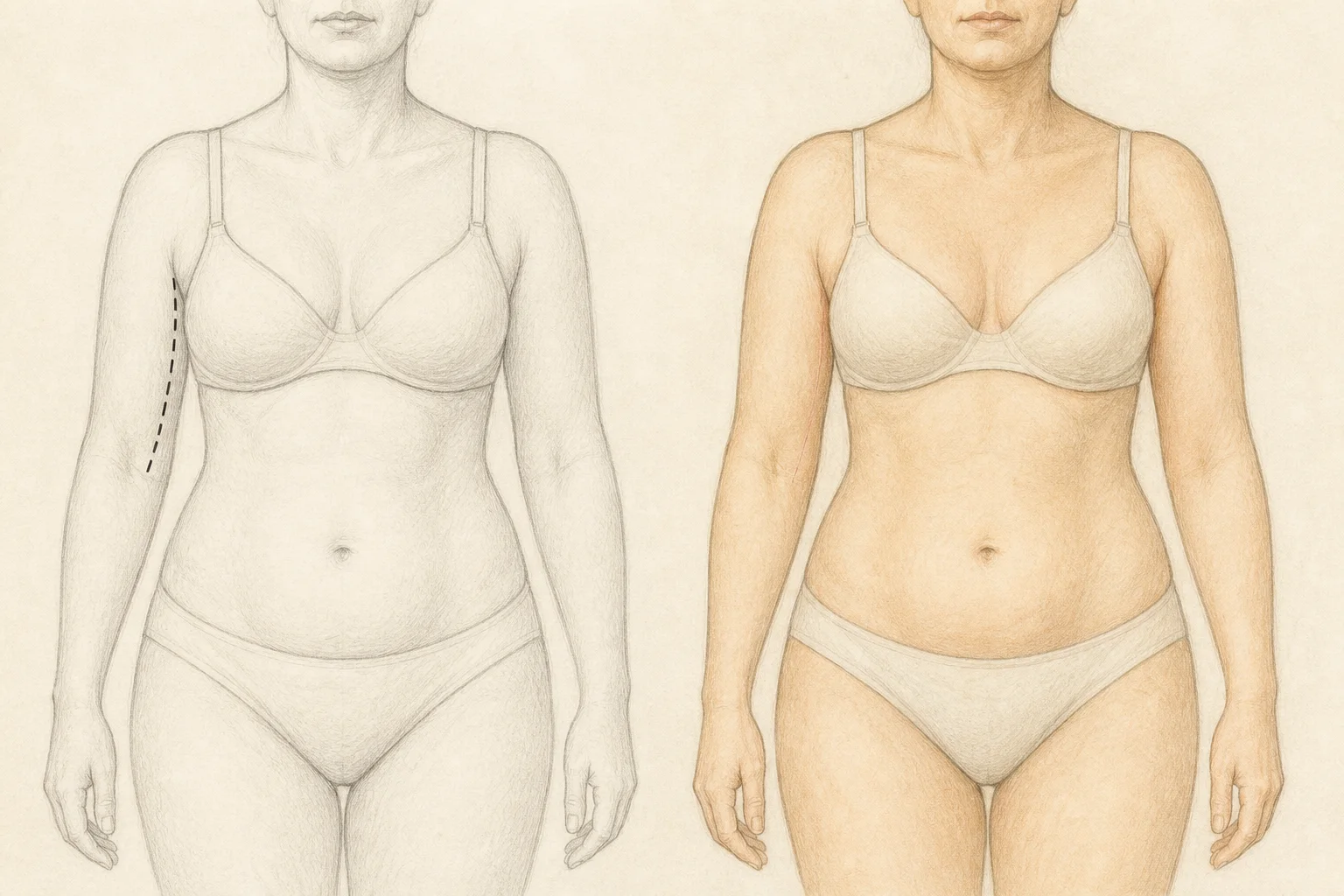 Illustration éducative d’un lifting des bras : relâchement de la face interne et le contour prévu — Just Clinic Istanbul
