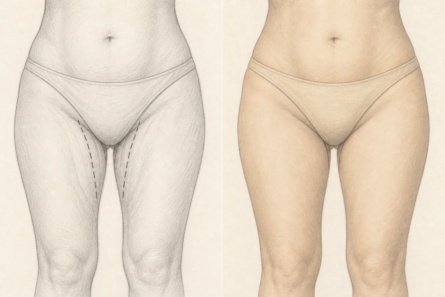 Educatieve illustratie van een dijlift: slappe huid aan de binnenzijde en de geplande contour — Just Clinic Istanbul