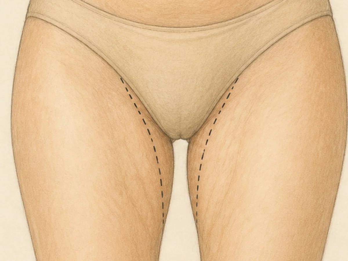 Illustrazione educativa di lifting cosce: lassità sulla faccia interna e il contorno previsto — Just Clinic Istanbul
