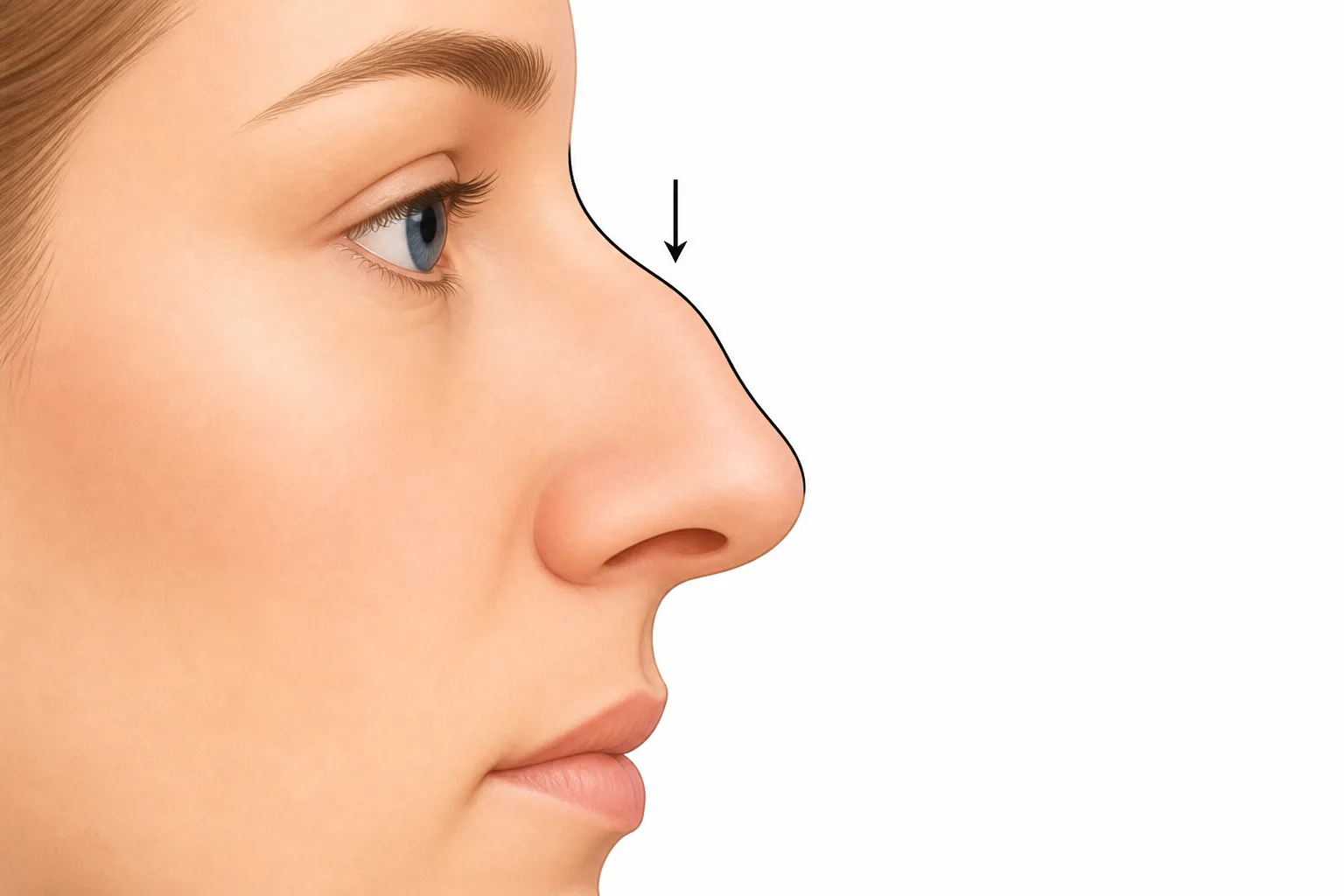 Educational illustration of rhinoplasty: profile with a dorsal hump and the planned nasal contour — Just Clinic Istanbul